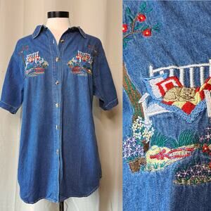 VTG 90s Bobbie Brooks Denim Chambray With Embroidered Florals & Cat